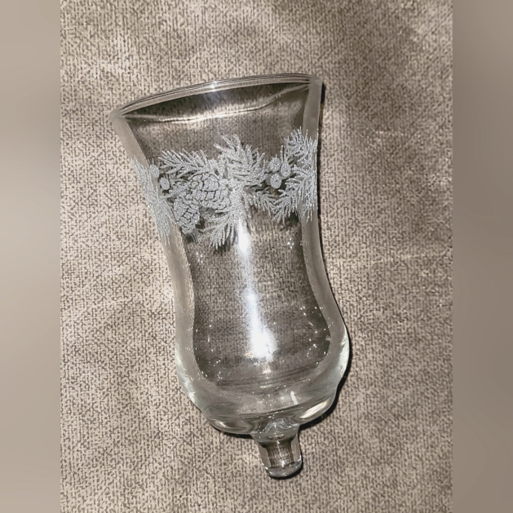 Vintage Homco Glass Peg Votive Holder Pair Etched with Pinecones and Evergreens